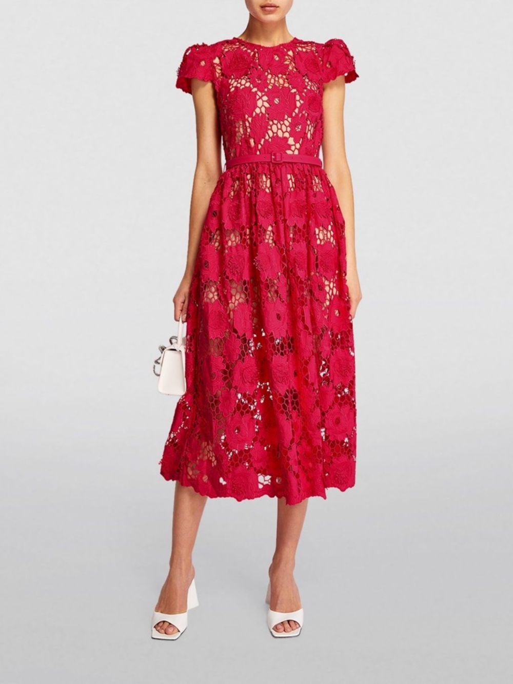 Self-Portrait Hot Pink Belted Floral Lace Midi Dress Size 4 - Picture 2 of 10